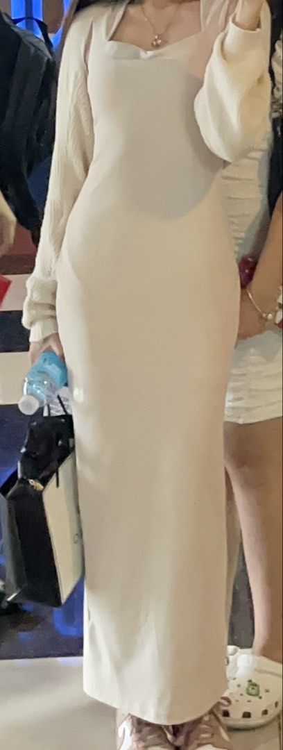 Cream Long Sleeve Maxi Dress (Category: Dresses) located in Manila. Submitted by chicbyj (Listing ID 1469979369, Image 1). Description: - Color: Cream - Neckline: Square neckline - Material: Soft knit fabric - Condition: Worn only once, like new - Best for: Casual outings or dinners.