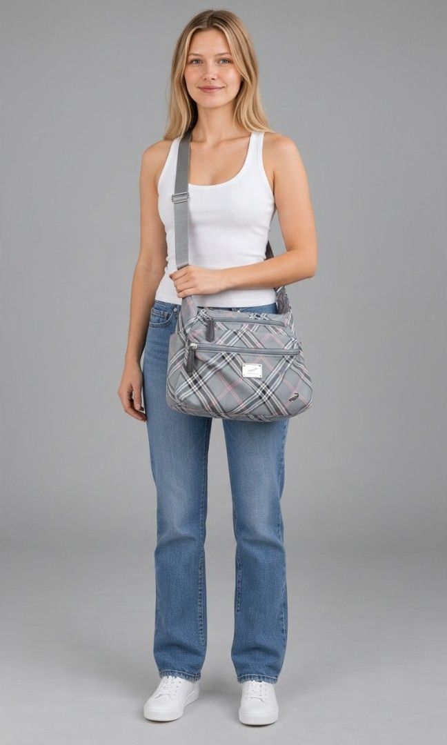 CROCODILE PLAID NYLON CROSSBODY SLING (Category: Cross-body Bags) located in Las Pinas. Submitted by annachiaonair2037 (Listing ID 1469964842, Image 1). Description: CROCODILE PLAID NYLON CROSSBODY FROM JAPAN ADJUSTABLE STRAP NORMAL SIGN OF USAGE H 8" L 11" W 4.5" Disclaimer: I am not affiliated with, associated with, or authorized by any of the brands featured posted. Any mention of brand names, trademarks, or logos is solely for identification 
