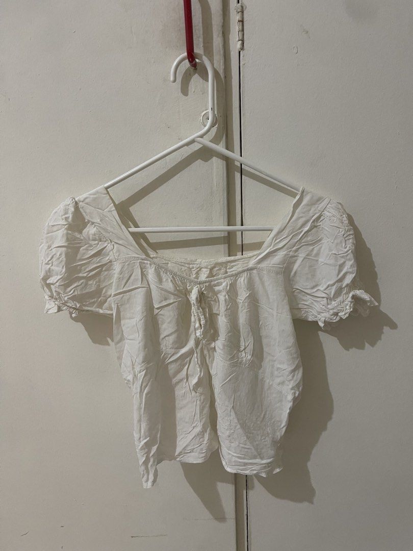 Crop top bundle collection various styles (Category: Blouses) located in Quezon City. Submitted by kim_ooooo (Listing ID 1470034359, Image 3). Description: - Set of 4 trendy crop tops - Includes: beige collared shirt, maroon floral off-shoulder, white square-neck puff sleeve, and mustard daisy blouse - Made with light and airy fabrics - Perfect for casual days out or layering - Condition: All in great, wearable condition - Selling as a bundle onl