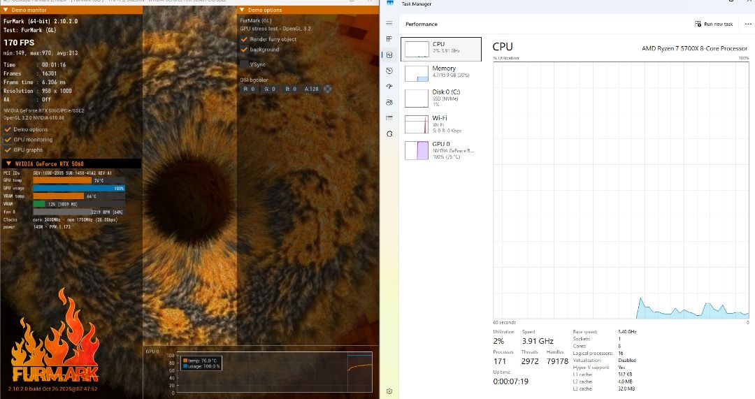 Custom Gaming PC Ryzen 7 5700X RTX 5060 (Category: Desktops) located in Manila. Submitted by youngowl.105bae (Listing ID 1469990393, Image 1). Description: - System: Custom Built Gaming Desktop - OS: Windows 11 Pro - Processor: AMD Ryzen 7 5700X 8-Core - Graphics: NVIDIA GeForce RTX 5060 - Motherboard: Gigabyte B550M DSCH AC R2 - Memory: 16GB RAM - Condition/Performance: Tested via FurMark and hardware monitoring, stable 75°C under load with clea