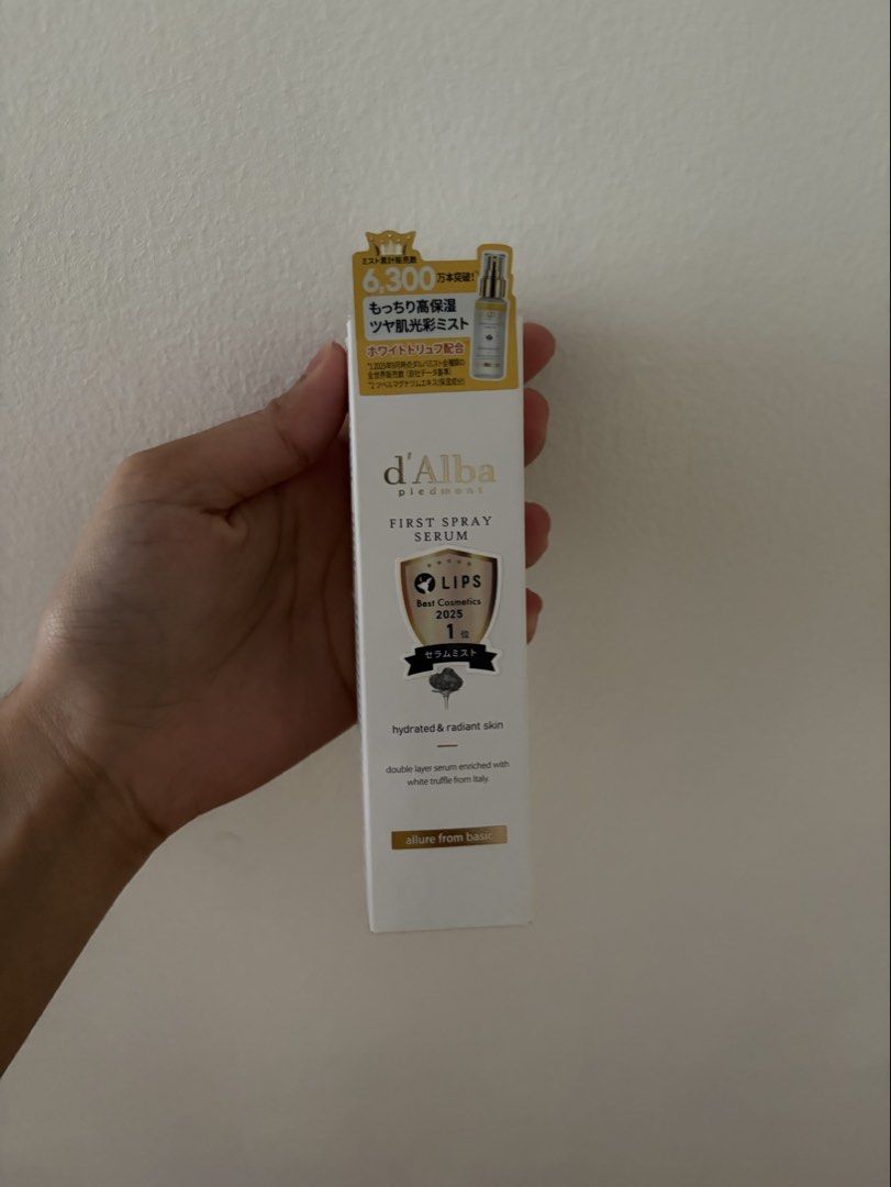 d'Alba First Spray Serum 50ml (Category: Face Care) located in San Juan City. Submitted by hellogivench (Listing ID 1470008508, Image 1). Description: - Product: d'Alba First Spray Serum - Volume: 50ml bottle - Condition: Brand new, opened but not used (sprayed only once), comes with original outer box - bought back in June - RFS: decluttering skincare products - Formula: Double-layer with white truffle extract and plant oils - Benefits: Deep hyd