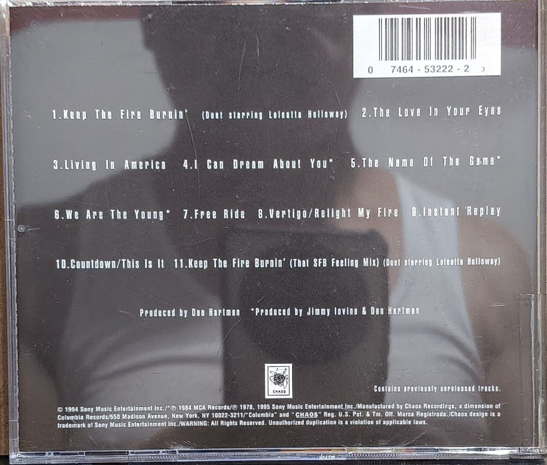 Dan Hartman - Keep The Fire Burnin' CD Album (Category: CDs & DVDs) located in Manila. Submitted by ruelcabrer77078 (Listing ID 1470091962, Image 3). Description: - Artist/Album: Dan Hartman - Keep The Fire Burnin' - Release Year: 1995 - Label: Chaos Recordings - Track Count: 11 tracks (includes hits like 'Living In America' and 'Instant Replay') - Condition: Jewel case has shelf wear; disc features hand-written marks on the surface - Inlay: Trac