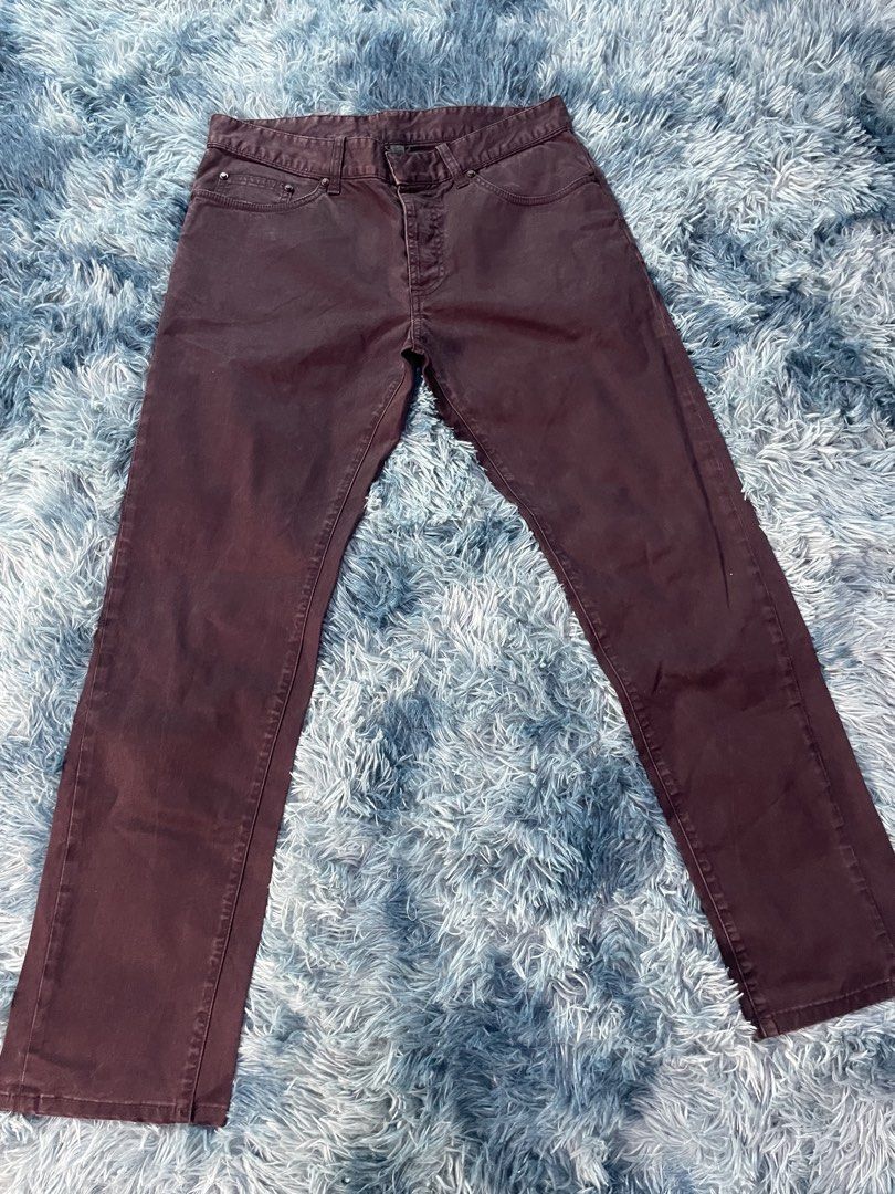 Dark Brown Casual Pants (Category: Trousers) located in Manila. Submitted by jssur (Listing ID 1470083983, Image 1). Description: Dark brown casual pants with classic five-pocket design and button fly closure. Clean solid color throughout, easy to match with various tops and footwear. Fabric shows standard construction with visible seam details along the legs and back pockets. Measurements shown in photos indicate an inseam length around 29 inche