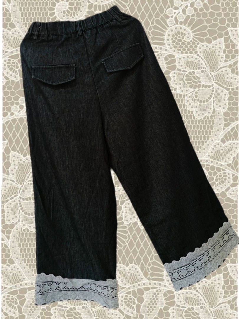 Dark denim culottes with white lace hem (Category: Shorts) located in Manila. Submitted by elyseva.356 (Listing ID 1469797107, Image 2). Description: Selling my pre-loved Wide leg crop dark denim culottes Perfect for petite girls who like baggy pants Waist is Elastic/adjustable at the back with front button closure Waist Size: Fit for 23-25 inch Length: 33 inch RFS: Stocked Pm me if you're interested! Feel free to message me for more details..