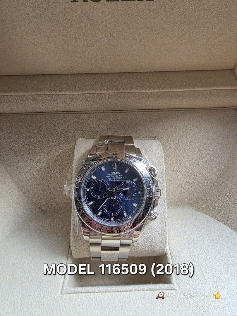 DAYTONA WHITEGOLD "JOHN MAYER" (Category: Luxury Watches) located in Taguig. Submitted by atlwatchesph (Listing ID 1469948901, Image 1). Description: 🎤 DAYTONA BLUE DIAL WHITEGOLD 🎤 MODEL 116509 🎤 NICKNAME: JOHN MAYER 🎤 YEAR 2018 🎤 EXCELLENT CONDITION, LIGHTLY WORN 🎤 COMPLETE SET 🏷 PHP 2,397,000.00 ⌚️Watch posted is available & in stock 🤝📲 Posted price Slightly negotiable. For serious inquiries- please message me directly for best deal p