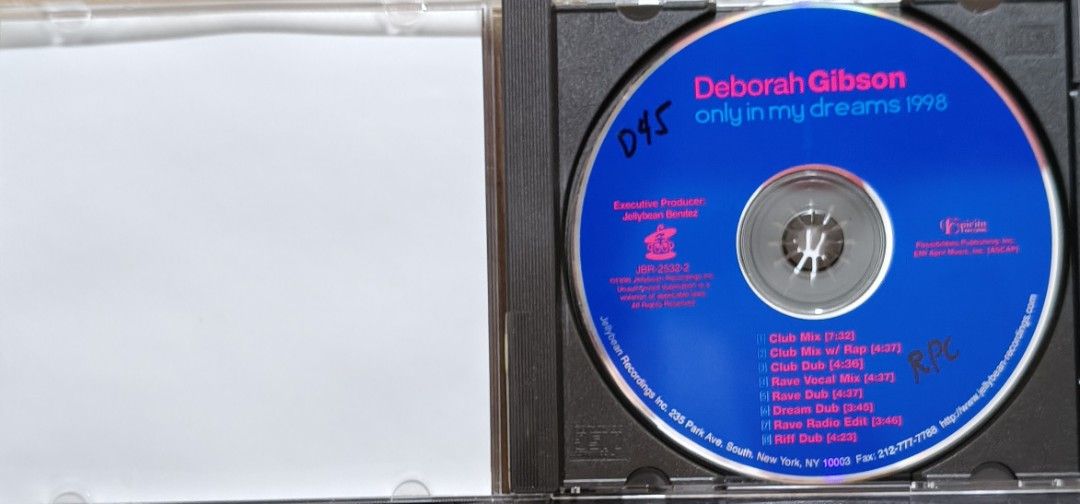 Deborah Gibson - Only In My Dreams 1998 CD (Category: CDs & DVDs) located in Manila. Submitted by ruelcabrer77078 (Listing ID 1470097041, Image 2). Description: - Artist & Title: Deborah Gibson Maxi-Single CD - Release Year: 1998 - Label: Jellybean Recordings - Track Count: 8 tracks (includes Club Mix, Club Dub, and Rave Vocal Mix) - Packaging: Standard jewel case - Condition Note: Has marker handwriting notes on both the cover and the disc label