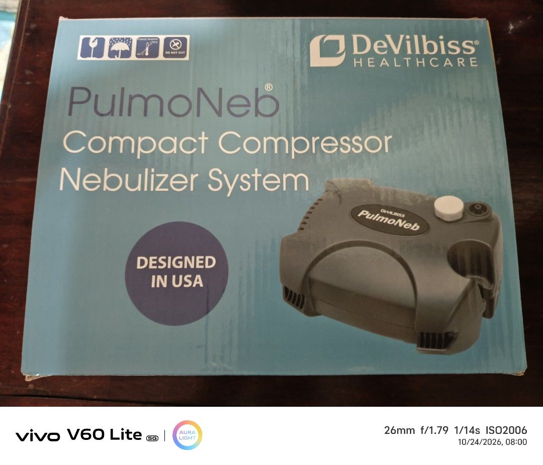 Devilbiss Pulmoneg Compact Compressor Nebulizer System (Category: Medical Supplies & Tools) located in Makati City. Submitted by alvinfloresrecopuert41 (Listing ID 1469948708, Image 1). Description: - Authentic Devilbiss Pulmoneg compact compressor nebulizer system - Durable, small, and user-friendly design ideal for daily use - Includes original carrying case, tubing, and 3-year limited warranty documentation - Complete set packed inside its ori