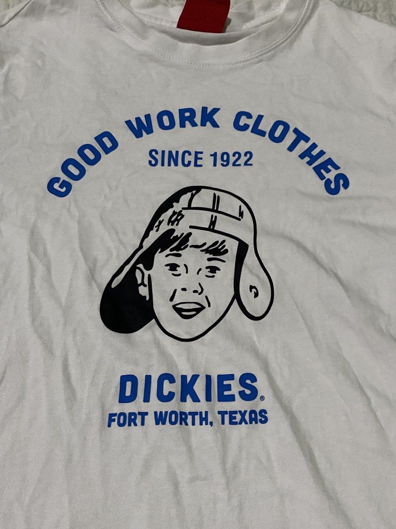 Dickies Good Work Clothes Since 1922 Graphic Tee White (Category: Tshirts & Polo Shirts ) located in Iloilo. Submitted by chapxythriftshop (Listing ID 1470070609, Image 3). Description: - Brand: Dickies - Color: White - Size: Small (Red neck label) - Design: Vintage 'Good Work Clothes Since 1922' Fort Worth, Texas graphic with boy illustration - Details: Small woven logo patch on bottom left hem - Material: Clean, comfortable cotton - Condition: 