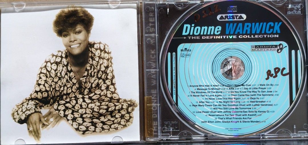 Dionne Warwick - The Definitive Collection Arista CD (Category: CDs & DVDs) located in Manila. Submitted by ruelcabrer77078 (Listing ID 1470094175, Image 2). Description: - Artist: Dionne Warwick - Label: Arista Records - Tracklist: 20 classic tracks including Walk On By, Say A Little Prayer, and That's What Friends Are For - Condition: Disc is tested and plays fine (note: has hand-written markings on the disc label) - Packaging: Standard jewel c