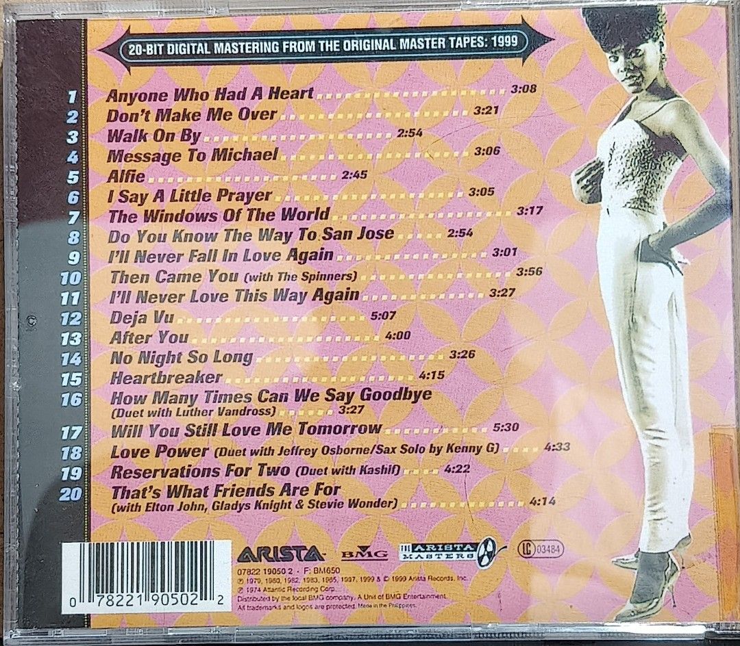 Dionne Warwick - The Definitive Collection Arista CD (Category: CDs & DVDs) located in Manila. Submitted by ruelcabrer77078 (Listing ID 1470094175, Image 3). Description: - Artist: Dionne Warwick - Label: Arista Records - Tracklist: 20 classic tracks including Walk On By, Say A Little Prayer, and That's What Friends Are For - Condition: Disc is tested and plays fine (note: has hand-written markings on the disc label) - Packaging: Standard jewel c