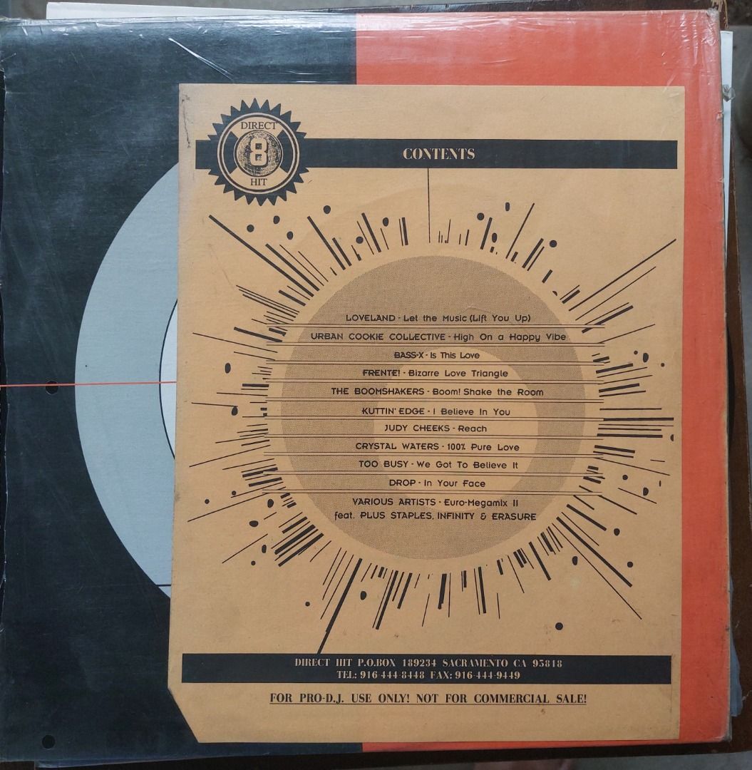 Direct Hit 8 For Pro-DJ Use Only Vinyl Record (Category: Vinyls) located in Quezon City. Submitted by safefish_95f205 (Listing ID 1469974919, Image 1). Description: - Rare promotional vinyl compilation for professional DJ use only - Origin: Sacramento, California - Features hit tracks by Loveland, Urban Cookie Collective, Bass-X, and more - Includes original orange and black cover sleeve with tracklist on the back - Vinyl discs feature distinctiv