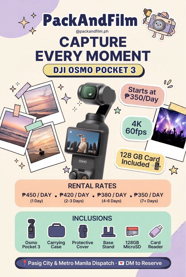 DJI OSMO POCKET 3 for RENT (Category: Cameras) located in Pasig City. Submitted by 3dsbagcollectionbydiane (Listing ID 1470120283, Image 1). Description: 📷 Rent our DJI Osmo Pocket 3 Standard Kit: • Complete 4K 60fps set + 128GB MicroSD Card • Instant Dual Phone Card Reader (no laptop needed!) • Rates start at ₱350/day 🔒 Reserve your upcoming November dates for just ₱300 downpayment! 📍 Pasig City Hub Meetups & Metro Manila Grab Express.