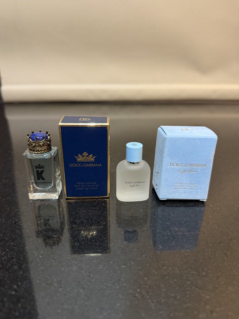 Dolce & Gabbana Miniature Perfume Set K & Light Blue (Category: Fragrance & Deodorants) located in Muntinlupa City. Submitted by everythingmustgo_8475da (Listing ID 1470120609, Image 1). Description: - Brand: Dolce & Gabbana - Type: Men's Miniature Eau de Toilette (EDT) - Set includes: 5ml K Pour Homme EDT and 5ml Light Blue Pour Homme EDT - Packaging: Comes complete with original boxes - Origin: Made in Italy - Condition: Brand new - Perfect as 
