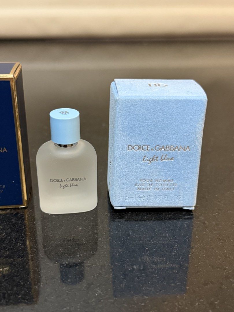 Dolce & Gabbana Miniature Perfume Set K & Light Blue (Category: Fragrance & Deodorants) located in Muntinlupa City. Submitted by everythingmustgo_8475da (Listing ID 1470120609, Image 3). Description: - Brand: Dolce & Gabbana - Type: Men's Miniature Eau de Toilette (EDT) - Set includes: 5ml K Pour Homme EDT and 5ml Light Blue Pour Homme EDT - Packaging: Comes complete with original boxes - Origin: Made in Italy - Condition: Brand new - Perfect as 