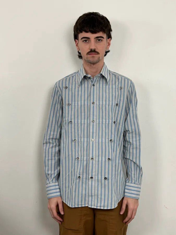 Dolce & Gabbana Napoleon Longsleeve FW/06 (Category: Luxury Apparel) located in Quezon City. Submitted by rebirthalley (Listing ID 1470028313, Image 1). Description: This is the Dolce & Gabbana Fall/Winter 2006 Blue Striped Officer Napoleon Shirt. • Brand / Collection: Dolce & Gabbana, Fall/Winter 2006 (FW2006) • Design & Details: Features vertical blue, white, and beige stripes with a tailored slim fit and distinctive metal Napoleon-style button