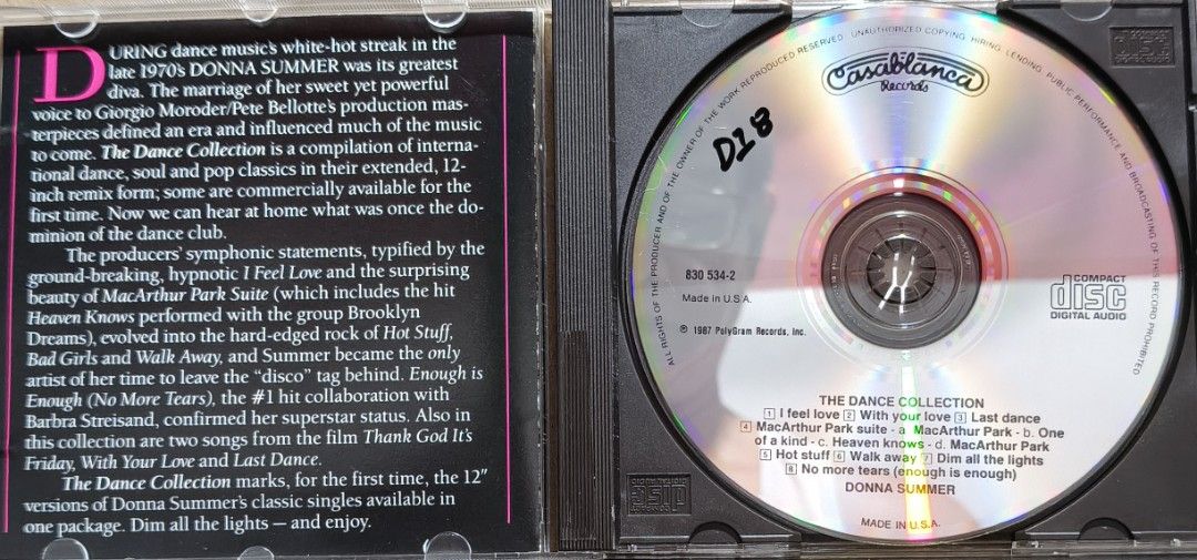 Donna Summer - The Dance Collection CD (Category: CDs & DVDs) located in Manila. Submitted by ruelcabrer77078 (Listing ID 1470096261, Image 2). Description: - Artist: Donna Summer - Title: The Dance Collection: A Compilation of Twelve Inch Singles - Release Year: 1987 - Label: Casablanca Records / PolyGram Records (Made in USA) - Key Tracks: I Feel Love, Last Dance, Hot Stuff, No More Tears (Enough is Enough) with Barbra Streisand - Packaging: St