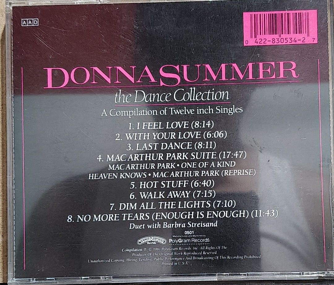 Donna Summer - The Dance Collection CD (Category: CDs & DVDs) located in Manila. Submitted by ruelcabrer77078 (Listing ID 1470096261, Image 3). Description: - Artist: Donna Summer - Title: The Dance Collection: A Compilation of Twelve Inch Singles - Release Year: 1987 - Label: Casablanca Records / PolyGram Records (Made in USA) - Key Tracks: I Feel Love, Last Dance, Hot Stuff, No More Tears (Enough is Enough) with Barbra Streisand - Packaging: St