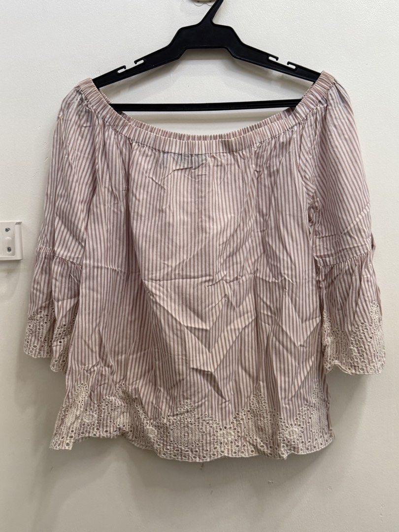 Dorothy Perkins Striped Off-Shoulder Blouse (Category: Blouses) located in Quezon City. Submitted by reivia.vend (Listing ID 1469985823, Image 3). Description: - Brand: Dorothy Perkins - Design: Pink & white vertical stripes with white embroidery on sleeves and hem - Style: Off-shoulder with elasticated neckline and flared sleeves - Size: US 8, EU 36, UK 12 - Material: Lightweight and comfortable fabric - Condition: Excellent / Ready to wear.
