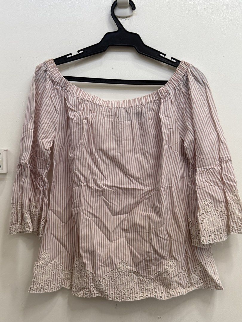 Dorothy Perkins Striped Off-Shoulder Blouse (Category: Blouses) located in Quezon City. Submitted by reivia.vend (Listing ID 1469985823, Image 1). Description: - Brand: Dorothy Perkins - Design: Pink & white vertical stripes with white embroidery on sleeves and hem - Style: Off-shoulder with elasticated neckline and flared sleeves - Size: US 8, EU 36, UK 12 - Material: Lightweight and comfortable fabric - Condition: Excellent / Ready to wear.