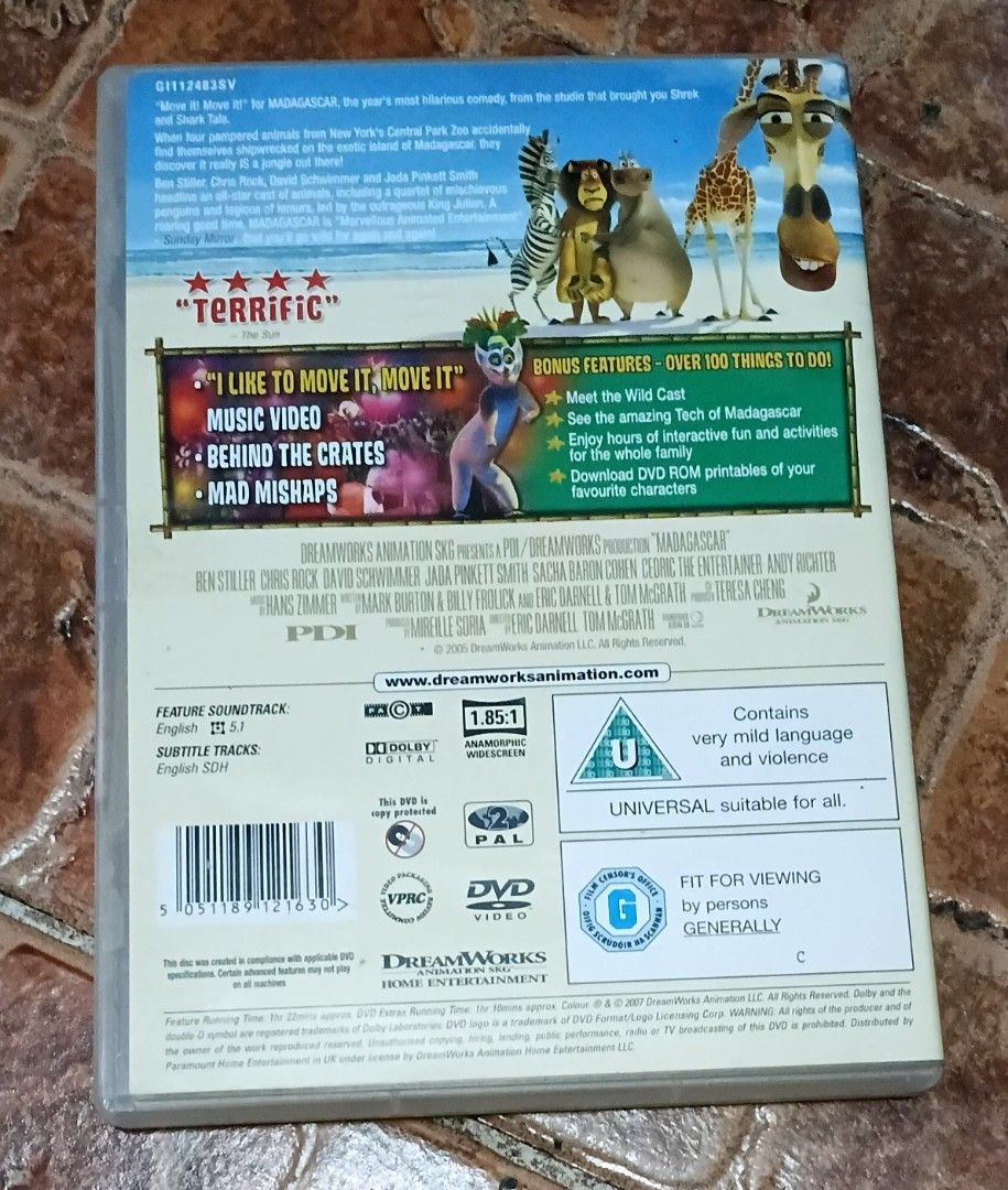 DreamWorks Madagascar DVD Movie (Category: CDs & DVDs) located in Quezon City. Submitted by dancatz (Listing ID 1470066446, Image 3). Description: □ P 150.00 - Movie: Madagascar Animated Comedy on DVD - Condition: Disc and original case in solid, great shape - Rating: Rated U (Universal viewing for all ages) - Audio/Subs: English audio and subtitles included - Special Features: Music video, behind-the-scenes footage, and fun activities - region 2