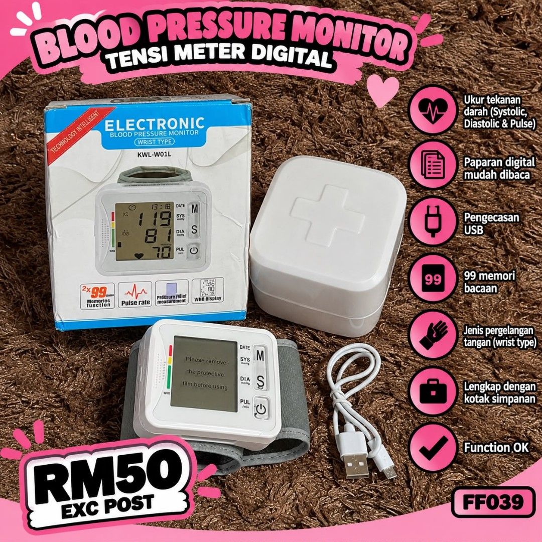 Screen Using Id Cable Display Electronic Blood Pressure Monitor Tensi Meter Digital Wrist Type ...