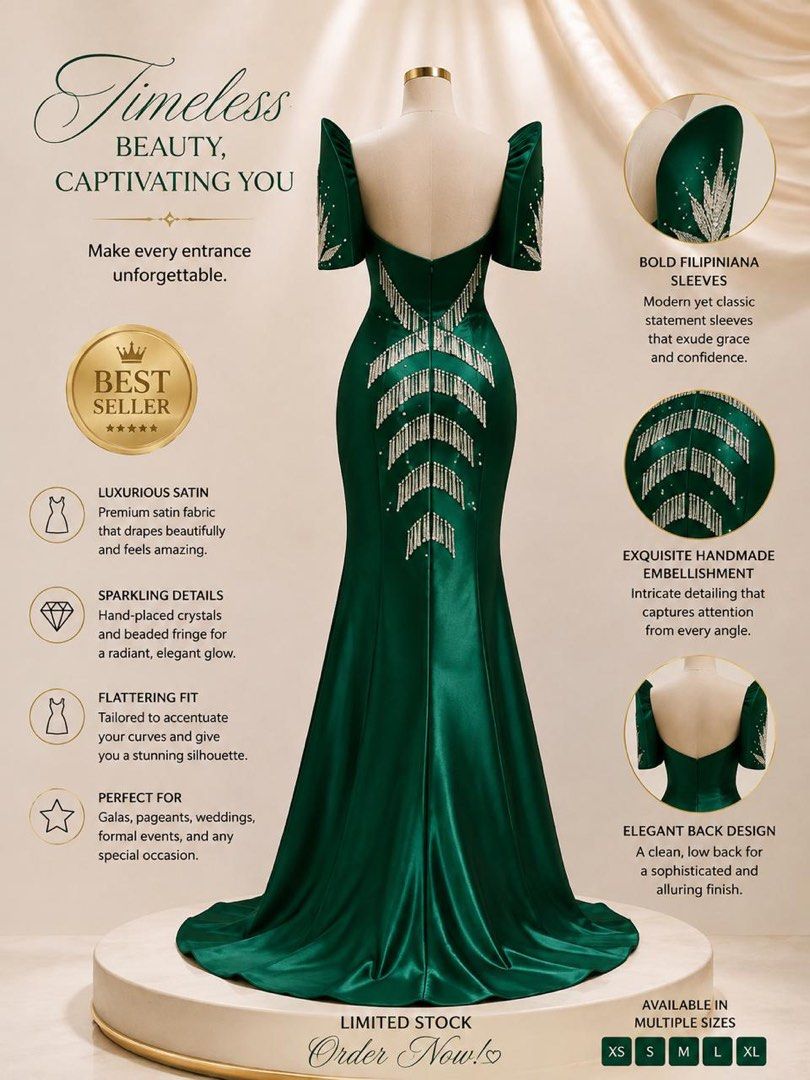 Emerald gown (Category: Evening dresses & gowns) located in Muntinlupa City. Submitted by starofallnight (Listing ID 1470123395, Image 2). Description: 🚨 ₱24,000 → ₱10,000 🚨 58% OFF. ONE PIECE ONLY. 💚 The emerald gown that makes everyone turn around. 💚 ✨ Crystal starburst bodice that catches every light ✨ Removable butterfly sleeves: wear it Filipiniana-style or sleeveless ✨ Sleek mermaid fit with a front slit ✨ Rich emerald satin look, made 