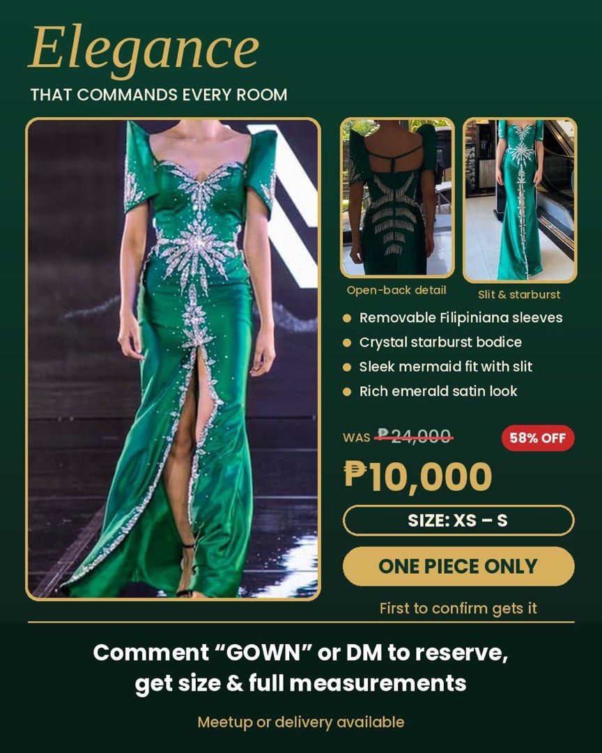 Emerald gown (Category: Evening dresses & gowns) located in Muntinlupa City. Submitted by starofallnight (Listing ID 1470123395, Image 3). Description: 🚨 ₱24,000 → ₱10,000 🚨 58% OFF. ONE PIECE ONLY. 💚 The emerald gown that makes everyone turn around. 💚 ✨ Crystal starburst bodice that catches every light ✨ Removable butterfly sleeves: wear it Filipiniana-style or sleeveless ✨ Sleek mermaid fit with a front slit ✨ Rich emerald satin look, made 