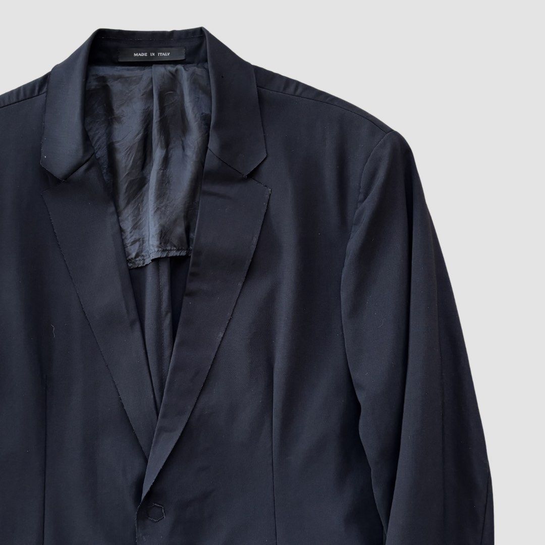 Emporio Armani Wool Raw-Edge Tailored Jacket (Category: Coats, Jackets and Outerwear) located in Calamba. Submitted by stockpiled.ph (Listing ID 1470031212, Image 2). Description: Fabric: 100% Virgin Wool Lining: 100% Cupro Made in Italy Size: 46 on tag Chest: 18.5” Front length: 28.5” Back length: 27”.