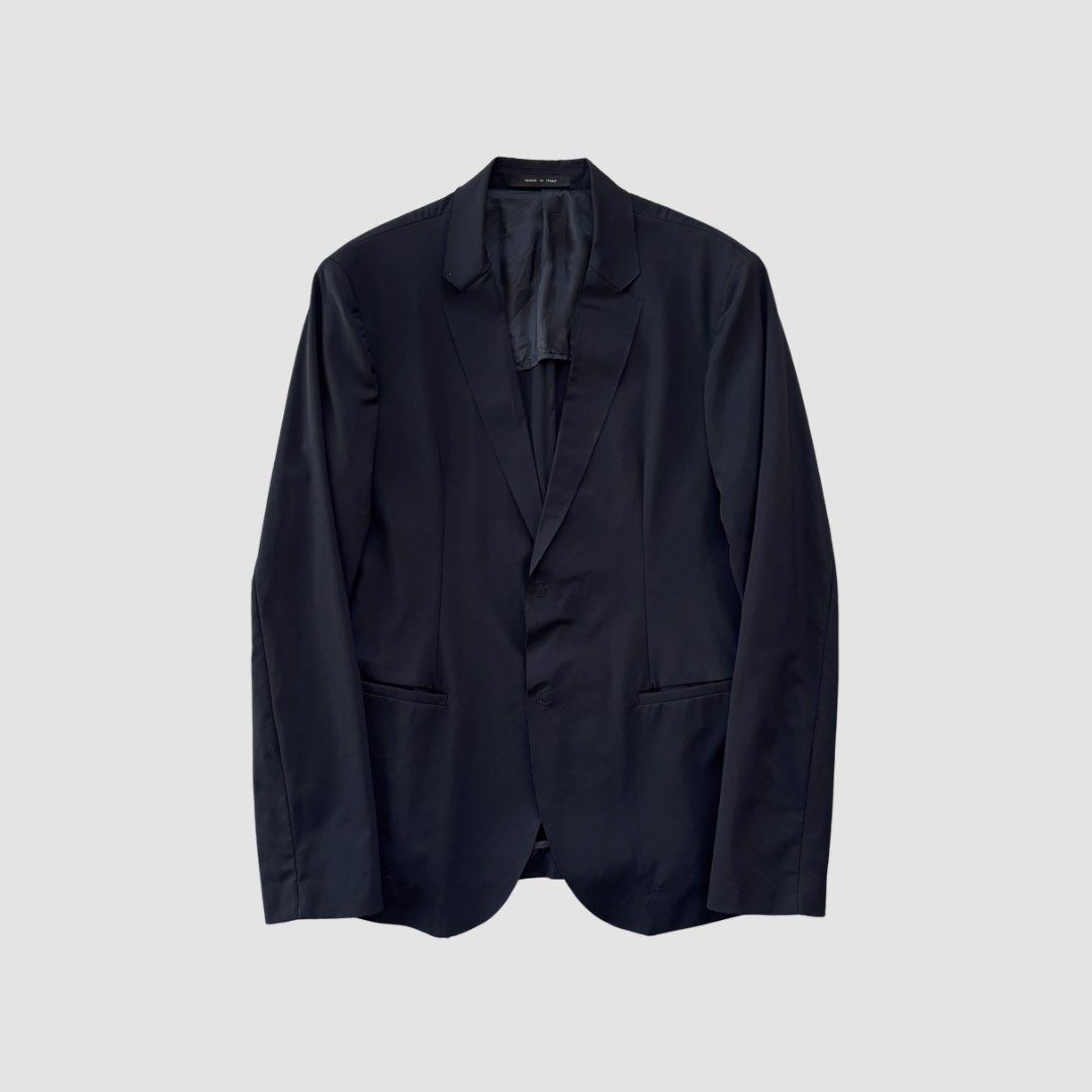 Emporio Armani Wool Raw-Edge Tailored Jacket (Category: Coats, Jackets and Outerwear) located in Calamba. Submitted by stockpiled.ph (Listing ID 1470031212, Image 1). Description: Fabric: 100% Virgin Wool Lining: 100% Cupro Made in Italy Size: 46 on tag Chest: 18.5” Front length: 28.5” Back length: 27”.