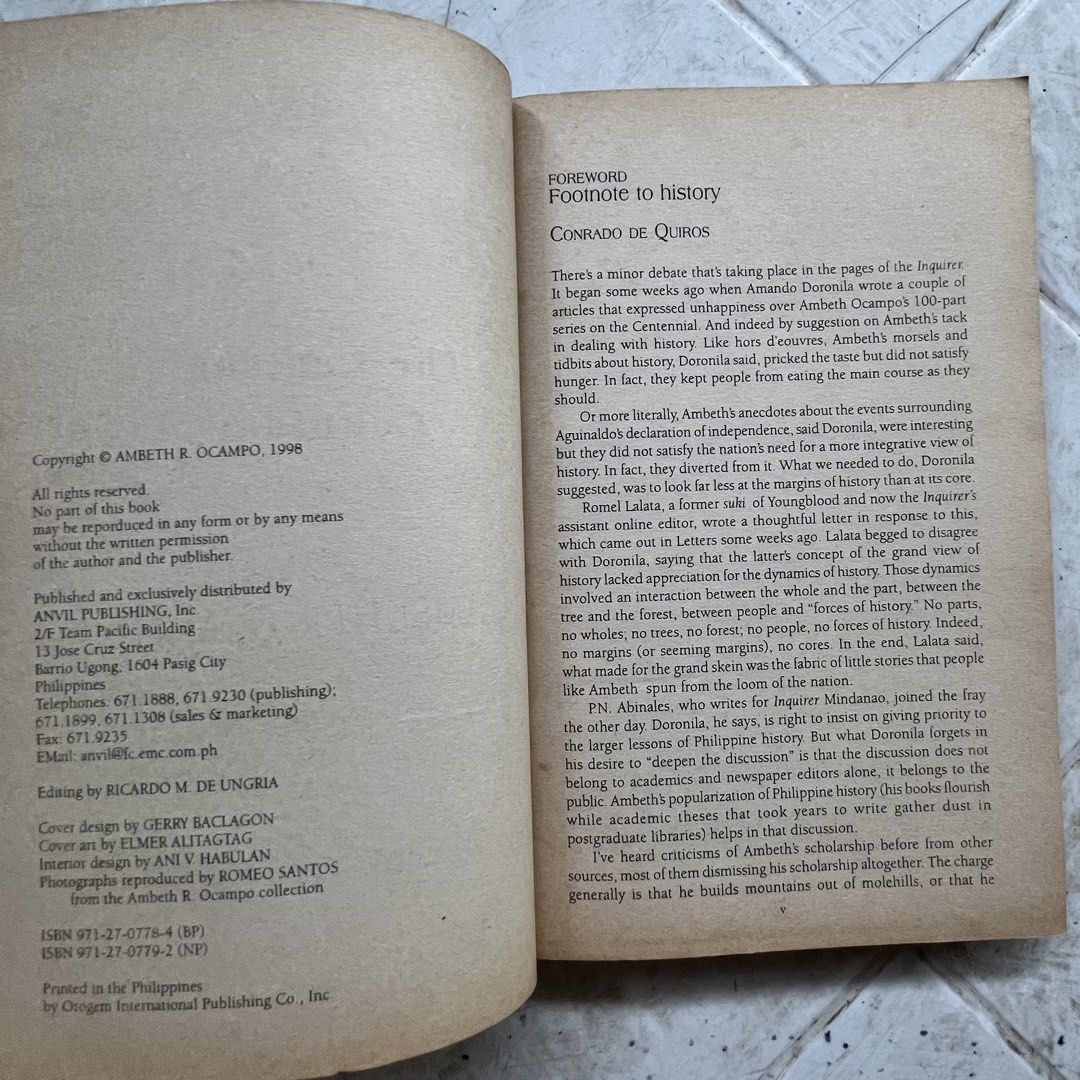 (EXTREMELY RARE) 1998 The Centennial Countdown by Ambeth R. Ocampo (Category: Storybooks) located in Cebu City. Submitted by jamsbookshelf (Listing ID 1469961269, Image 2). Description: - In good condition - Softbound - Published 19986 - 310 pages - Contains very significant historical contents - Very Hard to find - Highly Sought-after - Has minimal cover dents, stains, and other minimal issues that do not affect the contents.