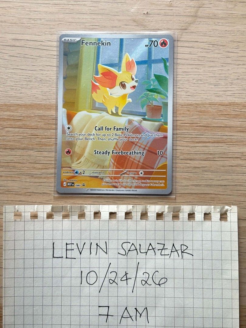 Fennekin 080 (Category: Raw Singles) located in Guiguinto. Submitted by Levinthings (Listing ID 1469953186, Image 1). Description: For SALE: Pokemon TCG Fennekin MEP 080 Chaos Rising Elite Trainer Box promo *FREE: -Sleeve -Toploader > Price: 900 > Condition: Near Mint > Location: Guiguinto, Bulacan > Payment: Gcash/Maya/Bank transfer > Deliver: JnT/Lalamove, etc. (shouldered by buyer) * Cross-posted in other platform.