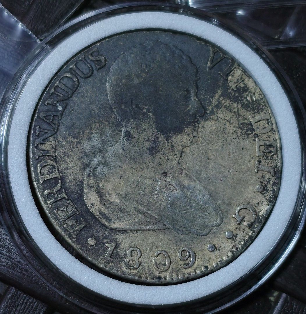 Ferdinand VII 1809 8 reales (Category: Currency) located in Taguig. Submitted by ezekiel103 (Listing ID 1470100948, Image 3). Description: -1 coin only - Obverse features the profile portrait of Ferdinand VII with Latin inscription - Shows heavy natural tarnish, dark patina, and circulation wear - Clear lettering and visible date at the bottom -hard to find ito.