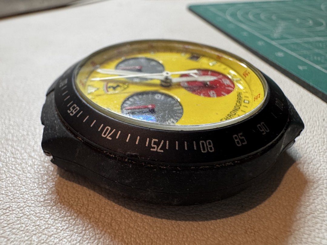 Ferrari Swiss Chronograph Titanium Watch Yellow Dial (Category: Luxury Watches) located in Iloilo. Submitted by KCY_WatchParts (Listing ID 1469959632, Image 3). Description: Expired rubber strap. Untested.