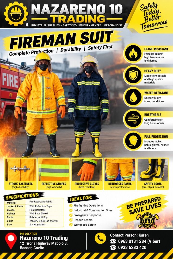 FIREMAN SUIT WITH REFLECTOR JACKET AND PANTS (Category: Looking For) located in Bacoor. Submitted by kajezame.2021 (Listing ID 1469981810, Image 1). Description: FIREMAN SUIT WITH REFLECTOR JACKET AND PANTS ASK US FOR SPECIAL DISCOUNTS AND GREAT DEALS! Contact Ms. Karen NAZARENO 10 TRADING 0963 0131 284 0933 6283 420 0956 7028 557 0933 8559 510 Landline: Look for Ms. Karen (046 ) 416 3920 Also available: • Traffic cone • Parking Block stopper • H