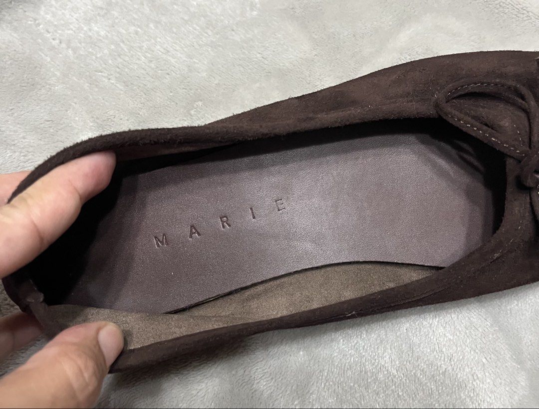 Flat shoes (Category: Flats & Sandals) located in Bacoor. Submitted by ayit. (Listing ID 1470043695, Image 3). Description: Sf inc orig personal japan - Brand: Marie - Style: Dark brown suede ballerina flat shoes with front bow detail - Size: 250 (approx. EU 38 / US 7) - Material: Soft suede upper with comfortable inner lining and textured rubber outsole - Condition: Pre-loved, well-maintained and ready to wear - Perfect for daily use, office, or