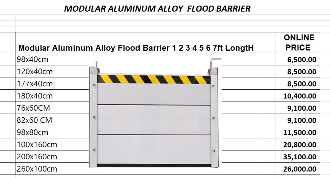 FLOOD BARRIER ALUMINUM ALLOY MODULAR (Category: Other Security Devices) located in Quezon City. Submitted by lhanex (Listing ID 1469977123, Image 2). Description: CUSTOMIZE HEIGHT- 40CM/60CM/80CM/160CM LENGTH- 98CM TO 260 CM FOR THE LENGTH & HEIGHT MESSAGE US FOR MORE ENQUIRY.. .