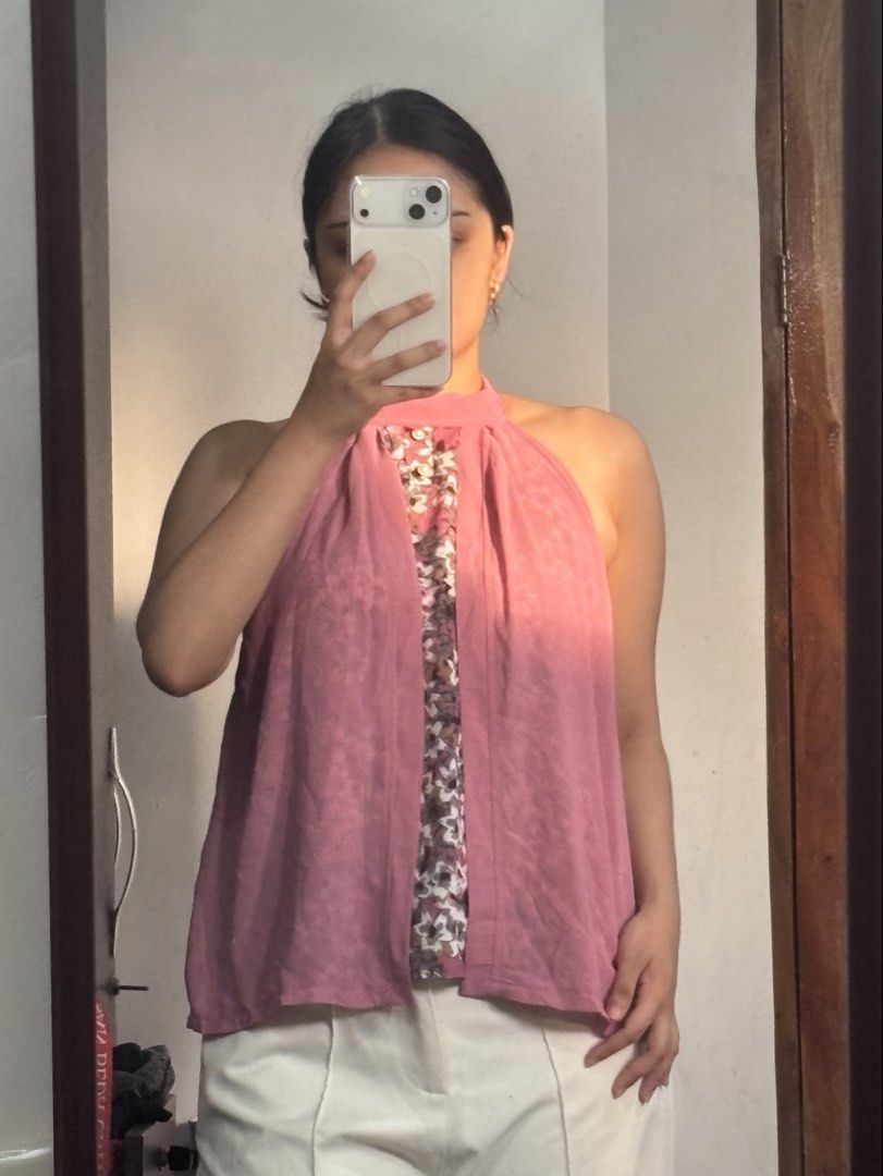 Floral layered front panel halter tie top (Category: Sleeveless) located in Bulacan. Submitted by reiixx (Listing ID 1470041338, Image 1). Description: Small frame *Rare design as this is a reworked top *waterfall overlay *favorite top 🥹.