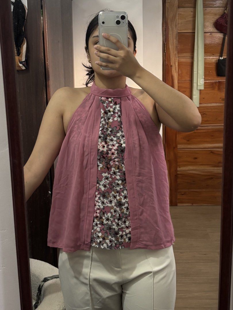 Floral layered front panel halter tie top (Category: Sleeveless) located in Bulacan. Submitted by reiixx (Listing ID 1470041338, Image 2). Description: Small frame *Rare design as this is a reworked top *waterfall overlay *favorite top 🥹.