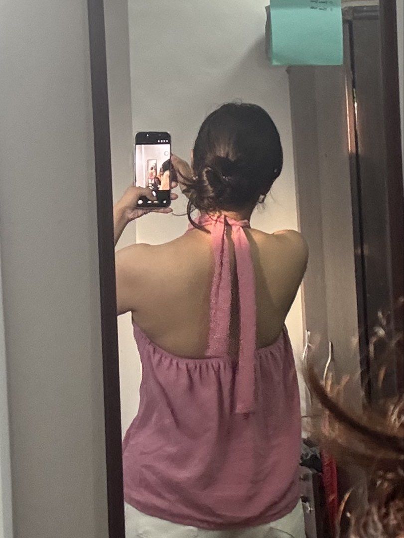Floral layered front panel halter tie top (Category: Sleeveless) located in Bulacan. Submitted by reiixx (Listing ID 1470041338, Image 3). Description: Small frame *Rare design as this is a reworked top *waterfall overlay *favorite top 🥹.