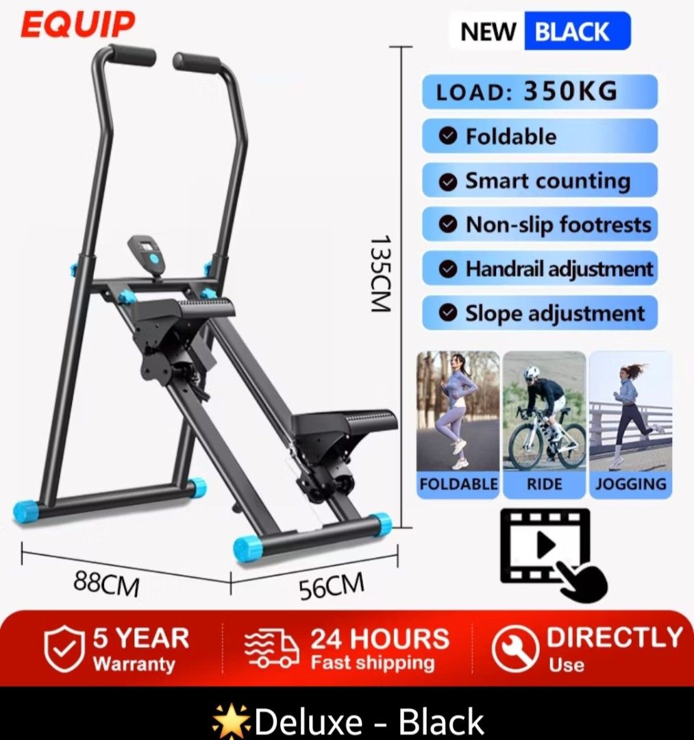 Foldable Stepper Machine (Category: Cardio & Fitness Machines) located in Petaling Jaya. Submitted by gliss.n.gloss (Listing ID 1470013913, Image 1). Description: - Color: Black - Max Load: Up to 350kg - Features: Smart counting monitor - Dimensions: 88cm (L) x 56cm (W) x 135cm (H) - Storage: Space-saving design folds flat for easy home use - Digital monitor is working.