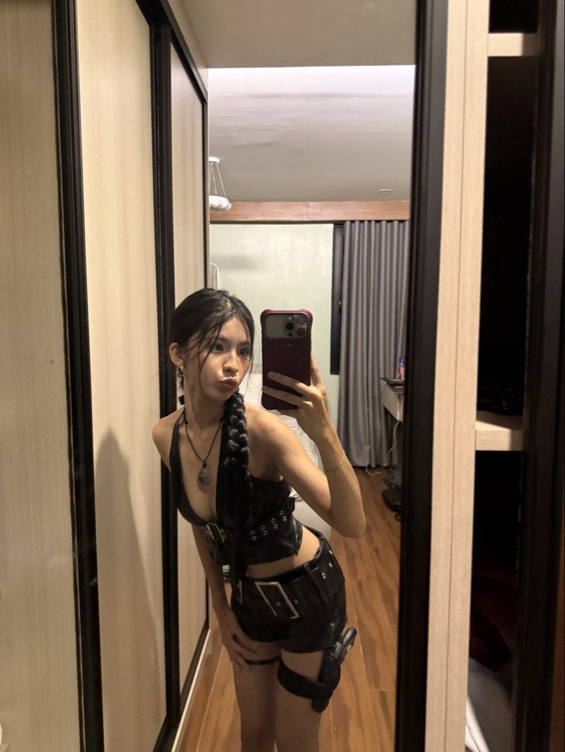 For RENT: Hot Lara Croft Costume (Category: Sets or Coordinates) located in Manila. Submitted by yuicatto (Listing ID 1470056182, Image 1). Description: Rent for 3 Days! RESERVED: Oct 30 to Nov 1 Inclusions: - Leather Top - Leather Shorts - Fake Gun - Fake Hair Braid (mid condition) Not Included but Recommended/Tips: - I used Bra Straps for my Legs and a Black Hairband - Use Boots or Converse for Shoes - Search Lara Croft Make-Up on Tiktok Inform