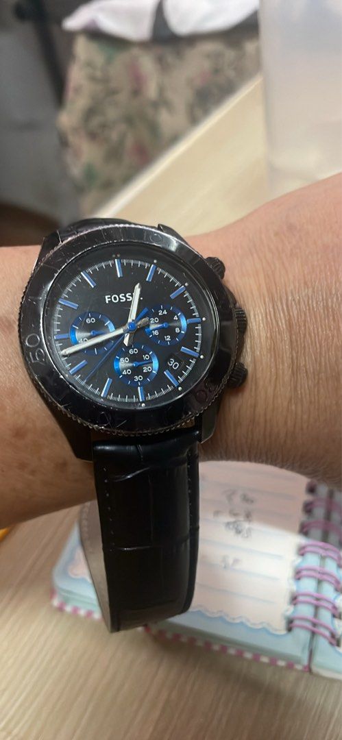 Fossil Chronograph Black Leather Watch CH2792 (Category: Men's Watches) located in Quezon City. Submitted by mizzyoumee (Listing ID 1469987420, Image 1). Description: - Brand: Fossil - Model: CH2792 - Color: All black with striking blue dial accents - Strap: Black leather with crocodile texture and standard buckle closure - Features: Textured bezel, 3 sub-dials, white hour and minute hands, and right-side push buttons - Water Resistance: 5ATM sta