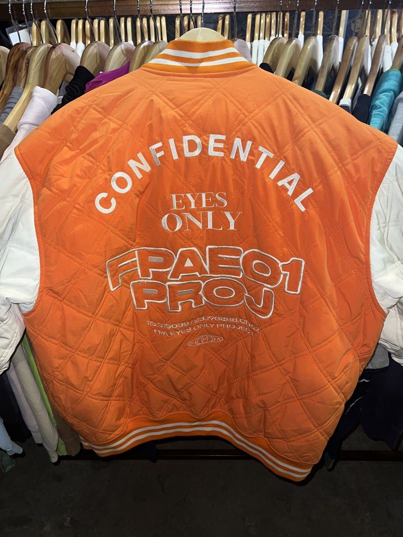 FPA Orange & White Quilted Bomber Varsity Jacket (Category: Coats, Jackets and Outerwear) located in Luna. Submitted by lareign (Listing ID 1470080642, Image 2). Description: -600 free ship na - Size: XL (25-26x28) - Closure: Snap-buttons - Details: Striped ribbed collar, cuffs, and hem - Embroidery designs - Interior: Quilted orange lining with convenient pockets -9.5/10 color rate.