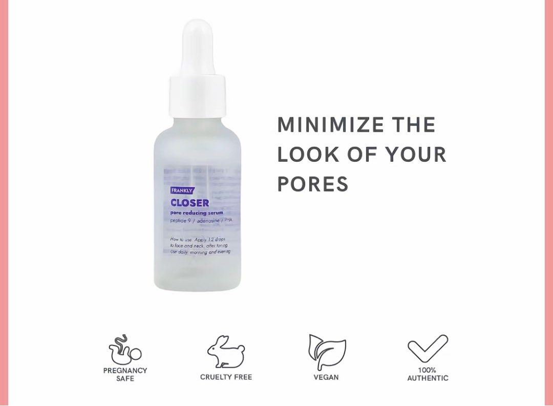 Frankly Closer Pore Reducing Serum Peptide 9 (Category: Face Care) located in Manila. Submitted by goddesssy (Listing ID 1470026751, Image 1). Description: - 100% Authentic K-Beauty: Frankly Closer Pore Reducing Serum - Key Ingredients: Peptide 9, Adenosine, and PHA for effective pore care - Safe & Ethical: Vegan, cruelty-free, and pregnancy-safe formulation - How to Use: Apply 1-2 drops daily, morning and evening, after toning - Suitable For: Fa