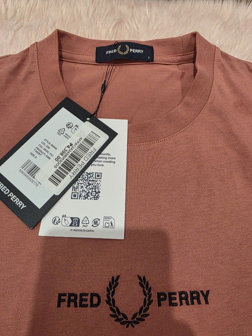 Fred perry embroided tshirt (Category: Tshirts & Polo Shirts ) located in Manila. Submitted by machoxmatt (Listing ID 1469966748, Image 3). Description: brandnew size: small (w19, L27) color: putty pink mop:bdo/gcash shipping at buyer's expense.
