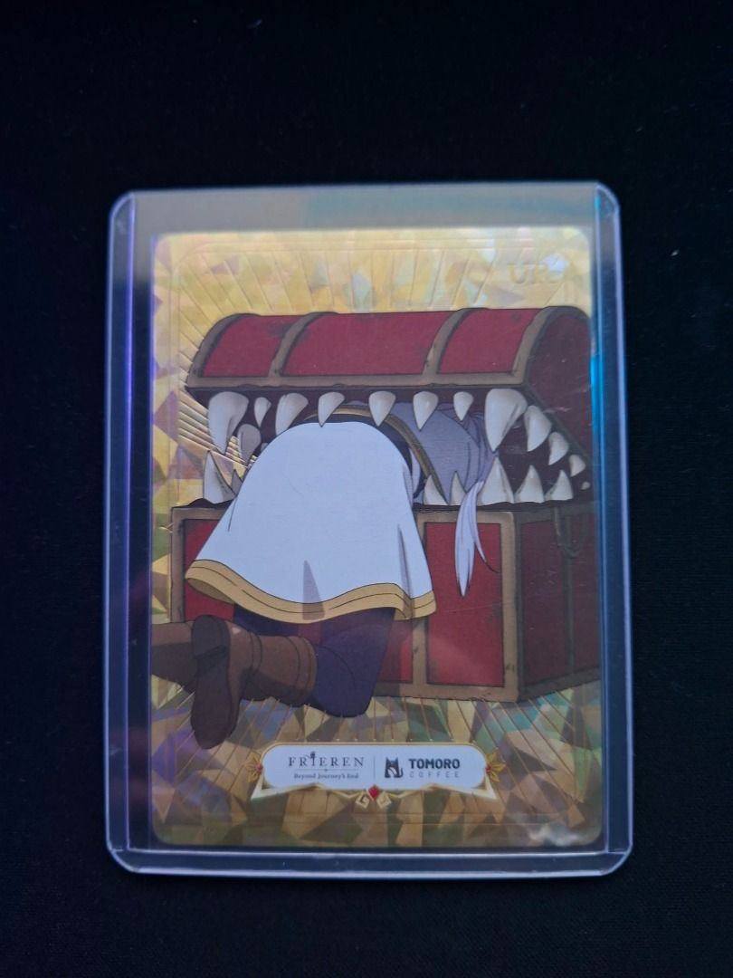 Frieren x Tomoro (Category: Designer & Blind Box Toys) located in Quezon City. Submitted by jordump (Listing ID 1470131443, Image 2). Description: Frieren x Tomoro cards w/ free sleeve and top loader 1 Ultra rare (UR) - Mimic Frieren 3 Super rare (SR) - Fern/Himmel/Stark Very good condition.