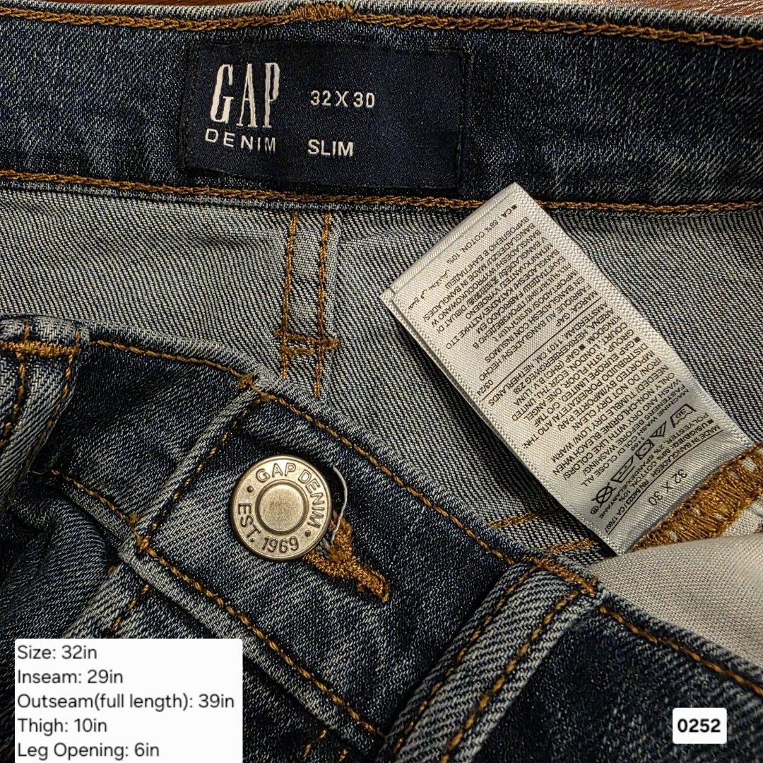 Gap Denim Slim Jeans 32x30 - Medium Wash Blue - Authentic (Category: Jeans) located in Cainta. Submitted by yugenken (Listing ID 1470125839, Image 3). Description: For Sale: GAP Slim Jeans - Men's ✅ Brand: Gap Denim Slim - Est. 1969 ✅ Size: 32x30 (W32 L30) - True to size ✅ Wash: Medium Blue / Light Vintage Fade ✅ Cut: Slim Fit, Straight Leg, 5-pocket Tape Measured: Size: 32in waist Inseam: 29in Outseam: 39in Thigh: 10in Leg Opening: 6in Condition