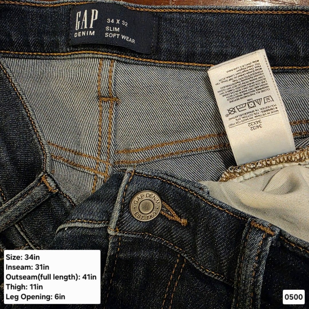 Gap Denim Slim Jeans 32x30 - Medium Wash Blue - Authentic (Category: Jeans) located in Cainta. Submitted by yugenken (Listing ID 1470126074, Image 3). Description: For Sale: GAP Slim Jeans - Men's ✅ Brand: Gap Denim Slim - Est. 1969 ✅ Size: 32x30 (W32 L30) - True to size ✅ Wash: Medium Blue / Light Vintage Fade ✅ Cut: Slim Fit, Straight Leg, 5-pocket Tape Measured: Size: 32in waist Inseam: 29in Outseam: 39in Thigh: 10in Leg Opening: 6in Condition