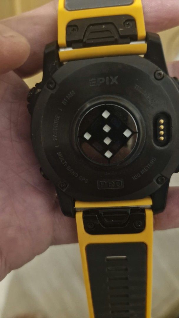 Garmin Epix Pro Gen 2 51mm (Category: Wearables & Smart Watches) located in Bacolod City. Submitted by kiiroitor1 (Listing ID 1470117388, Image 2). Description: - Brand/Model: Garmin Epix Pro Gen 2 (51mm) - Material: Titanium bezel with Sapphire crystal glass - Display: Vibrant AMOLED touchscreen - Condition: 7/10, fully functional - Inclusions: Comes with extra straps (yellow silicone and textured fabric bands) - Features: Advanced health tracki