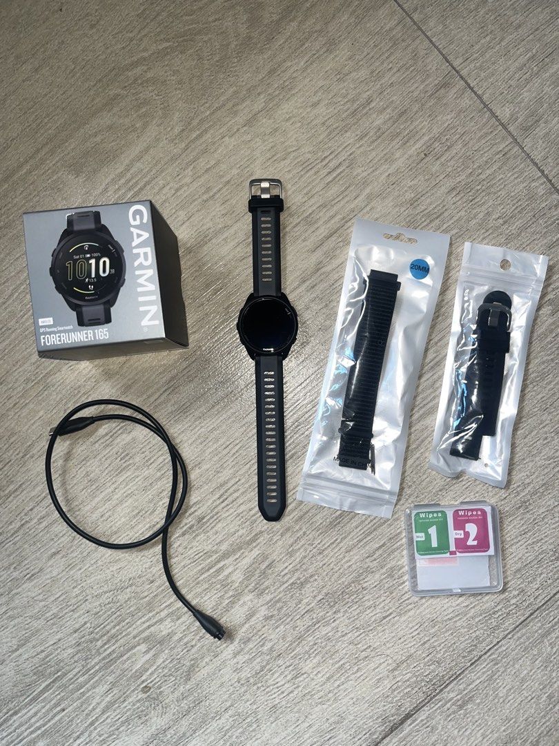 Garmin Forerunner 165 (Non Music) (Category: Wearables & Smart Watches) located in Bacoor. Submitted by l00pa (Listing ID 1470002872, Image 1). Description: Garmin Forerunner 165 (Non Music) Bought last June 29, 2026 - with box and charging cable - includes an extra plain black silicone strap and a plain black nylon strap - extra tempered glass RFS: Upgraded .